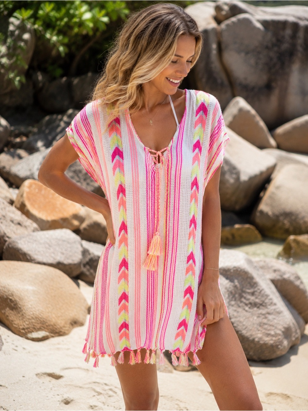 America & Beyond Neon Stripe Beach Cover-Up | Boho Fringe Swim Cover-Up